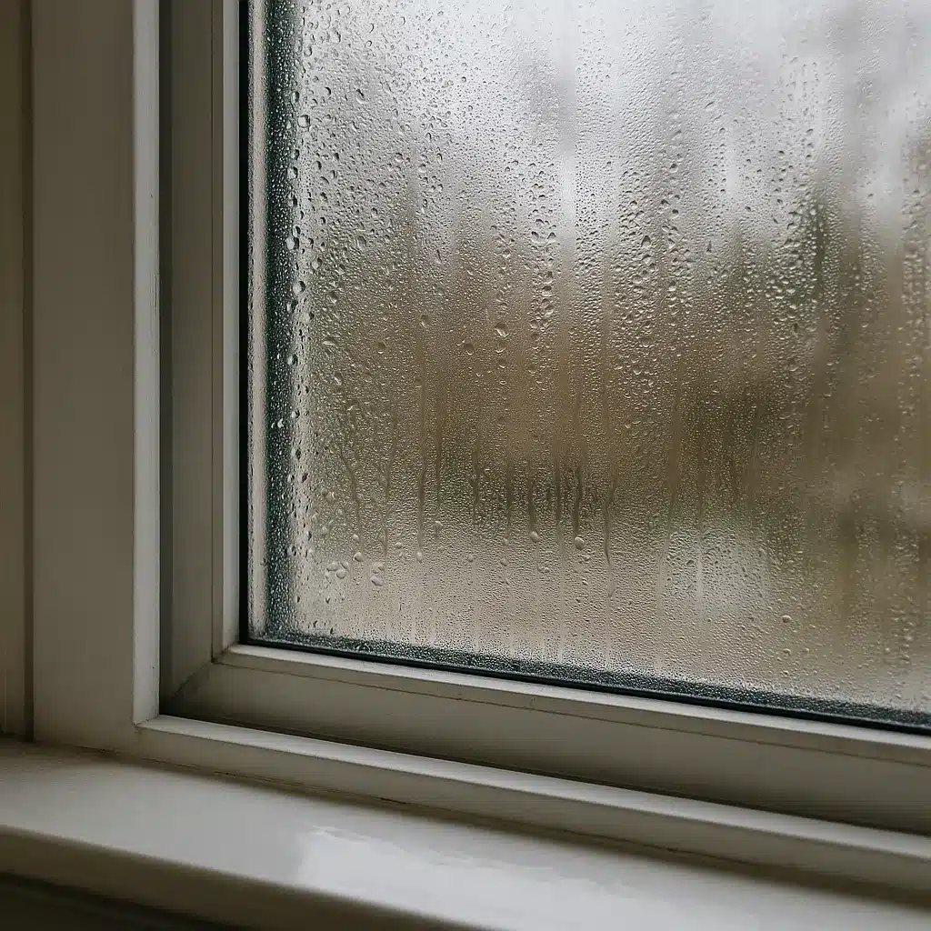 Condensation forming on the inside of a window during cold weather, with water droplets running down the glass.