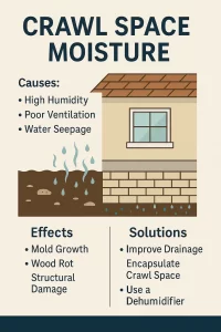 Infographic explaining the causes, effects, and solutions for crawl space moisture in homes.